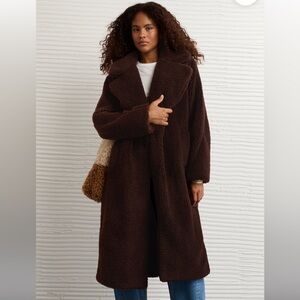 Brown Teddy Long Coat - Women's Plush Oversized Jacket AMERICAN EAGLE
